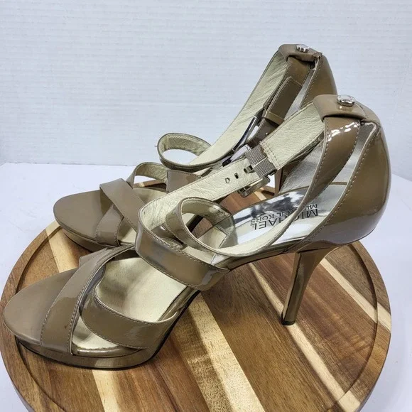 Michael Kors ST15F Olive Tan Patent Leather Multi Strap Platform Sandals Size 9M - Picture 12 of 13